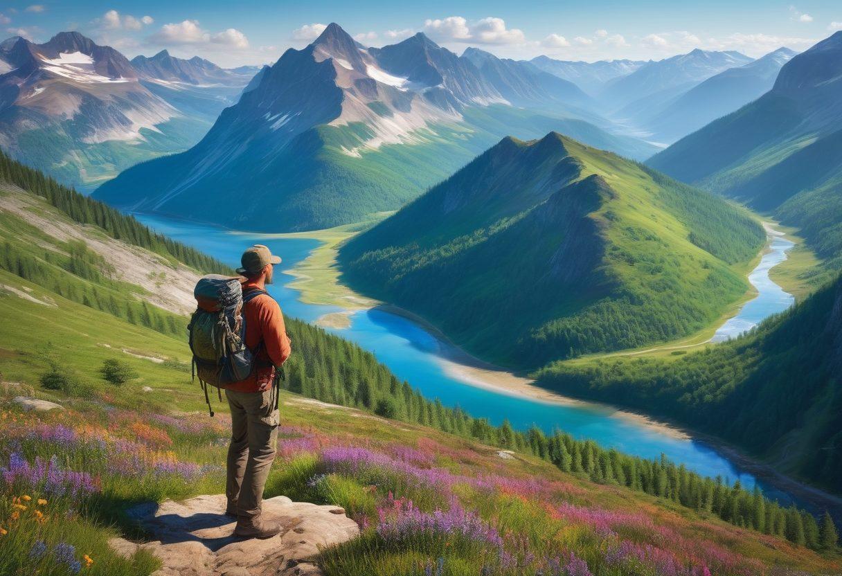 A breathtaking landscape showcasing a hiker standing on a mountaintop with a vast valley below. The hiker is equipped with a backpack, a map, and binoculars, gazing at distant mountains under a clear blue sky. Surround the scene with lush green forests and wildflowers, symbolizing the spirit of wilderness exploration. Add subtle wildlife elements like deer or hawks in the background for an adventurous touch. vibrant colors. super-realistic.