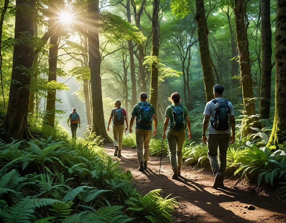 A scenic view of diverse individuals hiking through a lush green forest, with sunlight filtering through the leaves, showcasing a sense of adventure and camaraderie. In the background, a serene river reflects the vibrant colors of nature, and a variety of wildlife can be seen along the trail. The image evokes feelings of exploration and community. super-realistic. vibrant colors. natural lighting.